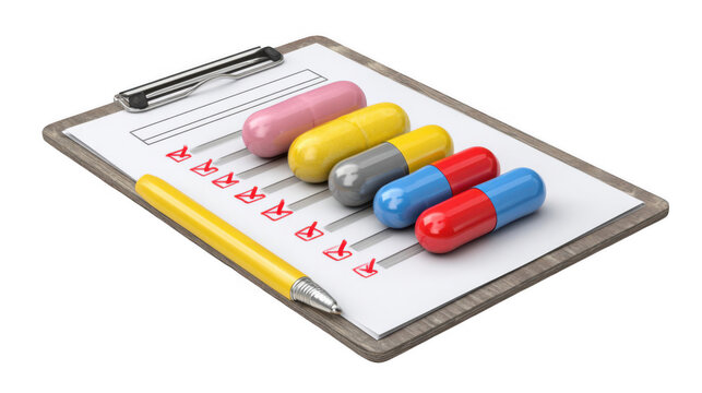 Colorful pills are arranged on a clipboard with a medication checklist and a pen, representing medication management, prescription adherence, and healthcare planning on a transparent background