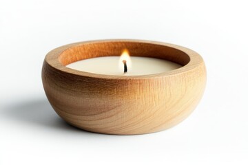 Lit candle in a wooden bowl on a white background