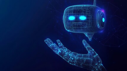 Futuristic robotic hand gently holding a digital AI assistant.