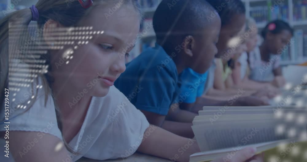 Poster camera moving by girl reading book in library during world-map overlay pulsing under code lines