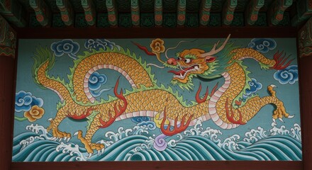 Obraz premium Vibrant Dragon Mural Adorning Ancient Korean Temple Architecture