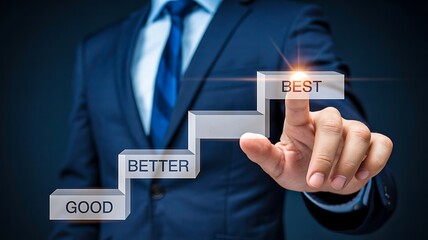 Businessman pointing at best in quality progress steps from good to better concept
