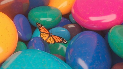  A vibrant monarch butterfly rests atop a cluster of smooth, glossy, multicolored stones in a surreal, digitally rendered scene full of vivid tones and soft reflections.