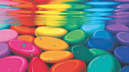A collection of shiny, smooth, colorful stones lies beneath a rippling, reflective water surface, creating an abstract, rainbow-toned digital fantasy landscape.
