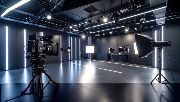 Modern studio with professional cameras and lighting