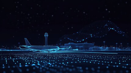 Airplane on runway at night, digital art.