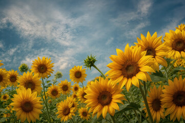 A vibrant field of sunflowers against a blue, cloudy sky.  A field of blossoms stretches to the horizon.