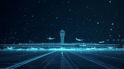 Futuristic airport at night, with planes taking off and landing, depicted in a wireframe style.