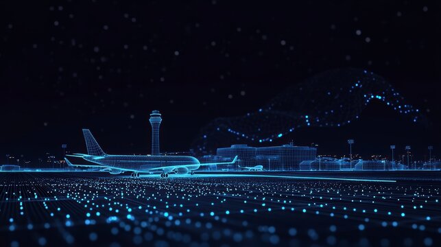 Airplane on runway at night, digital art.