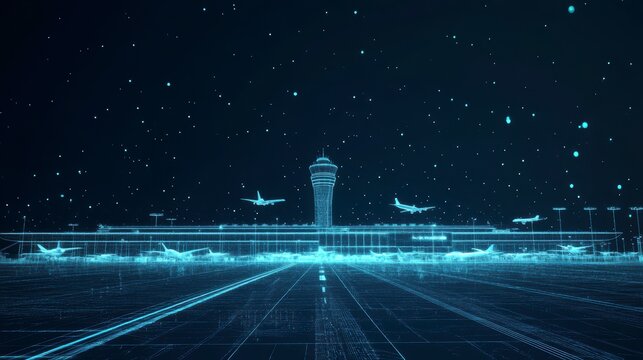 Futuristic airport at night, with planes taking off and landing, depicted in a wireframe style.