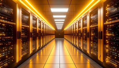 Fototapeta premium A modern server room illuminated with vibrant orange lighting presents rows of data storage units.