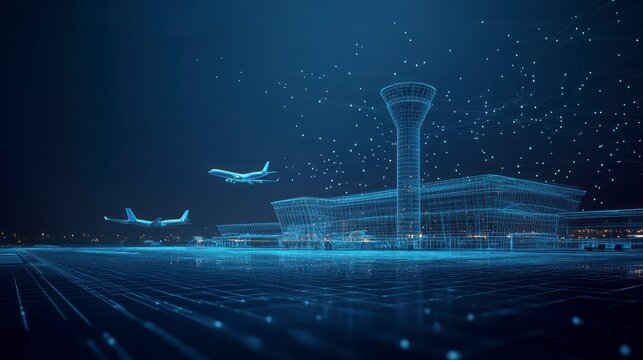 Futuristic airport terminal with planes taking off at night, depicted in wireframe.