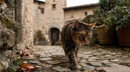 Stray cat walking on cobblestone path in ancient village setting