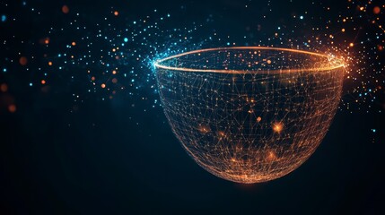 Abstract glowing sphere with interconnected nodes and particles, representing global network or data visualization.