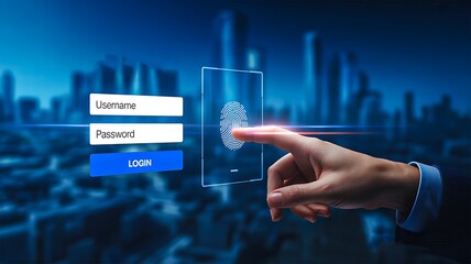Finger tapping biometric fingerprint login screen in futuristic security access concept
