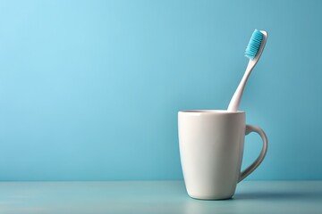 White mug with minimalist toothbrush on blue background for clean start