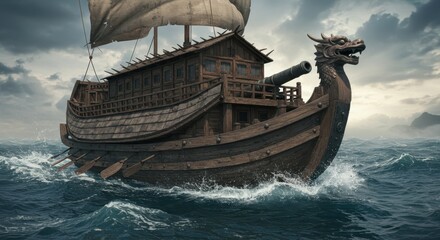 Ancient Chinese Dragon Ship Sailing Through Stormy Seas: A Digital Painting of a Historic Vessel