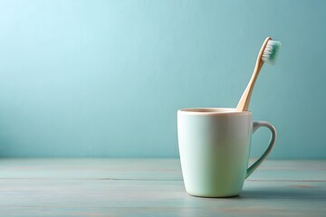 Mint green mug and bamboo toothbrush on wooden table in peaceful setting