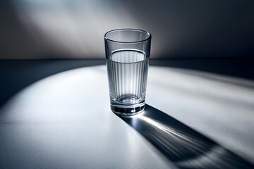 Glass of water with dramatic lighting and strong shadow in still life photo