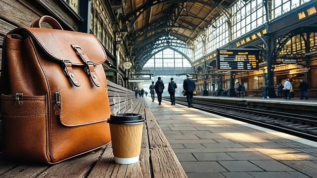 A busy train station scene with a leather backpack and coffee cup on a bench, commuters walking