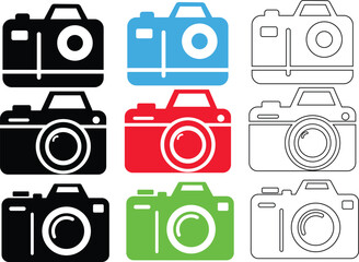 Colorful and Minimalist Camera Icon Set Featuring Black, Blue, Red, Green, and Outline Variations in a Grid for Creative and Digital Design
