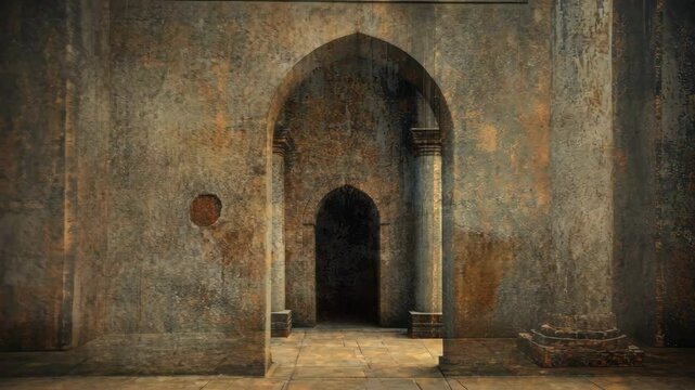 Rusted stone columns flank a weathered wall in an ancient-looking interior space