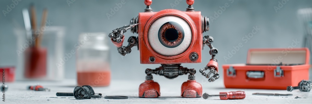 Aufkleber humorous tiny robot with toolbox repairing cartoon eye in a quirky workshop setting
