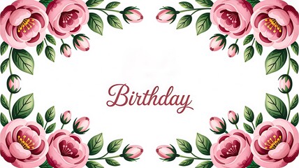 Vintage birthday greeting card with floral rose frame and white background
