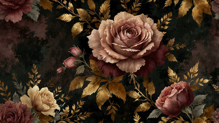 Romantic Decayed Floral Abstract Background with Dusty Rose and Antique Gold Textures