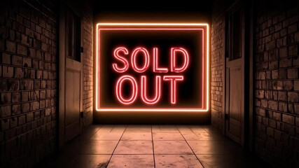Illuminated red 'SOLD OUT' neon sign glows in a dark narrow hallway with brick walls and a tiled floor, doors on both sides. - Powered by Adobe