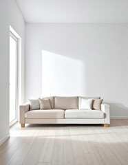 A sleek, modern white couch sits in the center of a spacious, empty room with soft, neutral walls and natural light streaming through large windows.