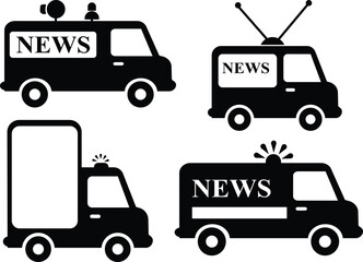 Silhouette Set of News and Media Vans Equipped with Antennas and Sirens for Mobile Broadcasting, Emergency Reports, and On Scene Live Coverage Events
