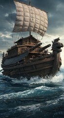 Obraz premium Ancient Korean Warship Sailing Through Tempestuous Waters: A Digital Masterpiece