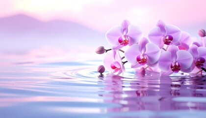 Obraz na płótnie Canvas Delicate pink orchids on water at dawn