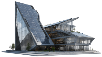 High-Tech Modern Architecture Building with Solar Roof on Transparent Background

