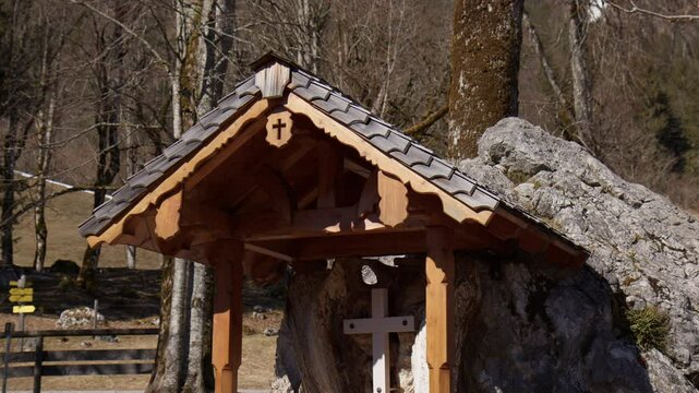 A Wooden Structure Of Wayside Shrine Along Roadsides Near Inzell Village In Germany. Close-up Shot