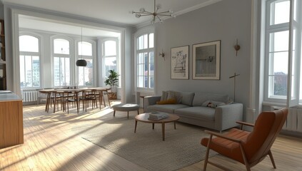 Bright, airy open-plan apartment with light-filled windows