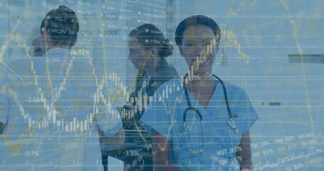 Nurse in blue scrubs shifting as financial chart overlays fading in pulsing across break area - Powered by Adobe