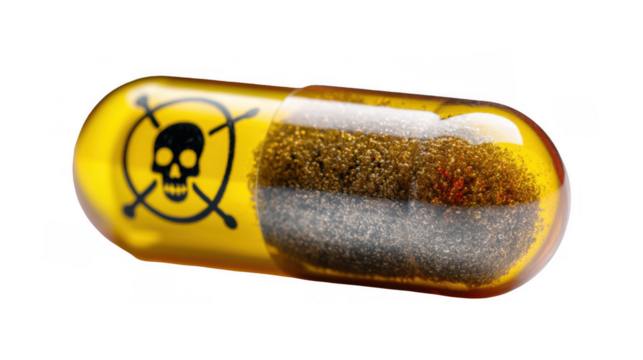 Transparent background image of a yellow pill containing a toxic substance, featuring a skull and crossbones symbol indicating danger and representing the risks of poisoning or overdose