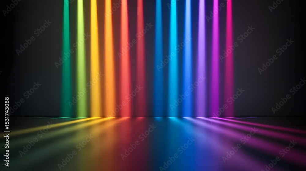 Aufkleber the image shows a dark room illuminated by vertical beams of light in various colors of the rainbow,