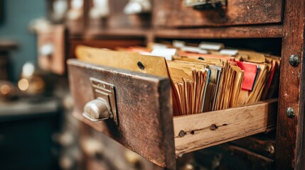 Vintage Wooden Cabinet with Open Drawer Full of File Folders