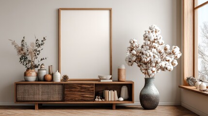 Blank Wooden Frame Above Mid-Century Modern Cabinet with Vintage Ornaments