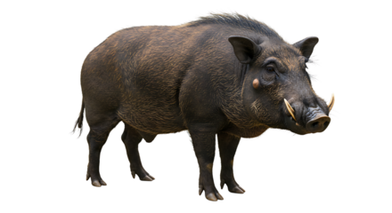 Visayan Warty Pig with Prominent Tusks and Coarse Bristles Facing Right