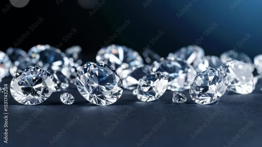Poster Assortment of cut diamonds displayed on a dark surface, reflecting light and creating sparkling facets with a neutral background.