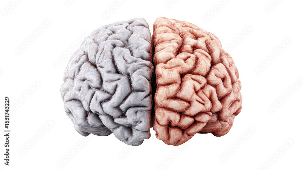 Poster realistic 3d rendering of human brain hemispheres showing different colors, grey for the left and re