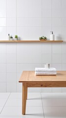 A rustic wooden table adorned with neatly folded colorful towels and elegant ceramic vases filled with fresh flowers, creating a warm, inviting atmosphere.