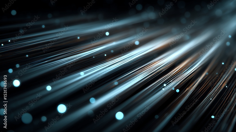 Poster abstract tech aesthetic - defocused metallic strings patterned background with blue light glow