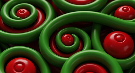 Colorful green spirals and shiny red spheres arranged in an engaging, dynamic composition, with reflective surfaces enhancing depth.