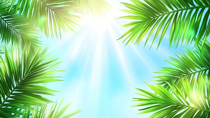 Obraz premium Lush tropical palm leaves against a bright sky.