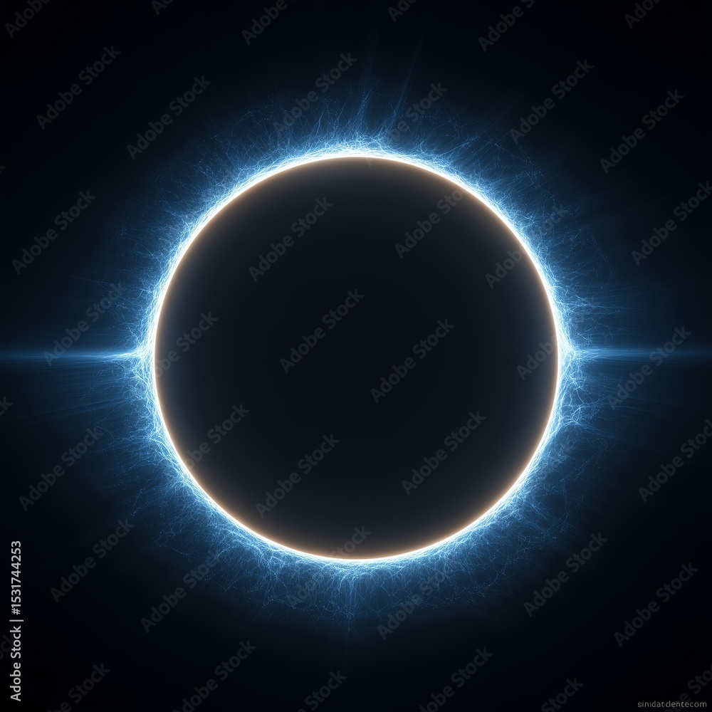 Poster minimal neural network visualization with one glowing blue ring, isolated on matte black, square for